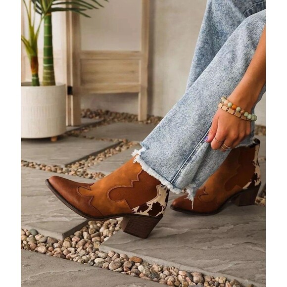 Altar'd State Shoes - Altar’d State Sz 8.5 Cow Print Brown Western Cowboy Booties Pointed Toe Festival